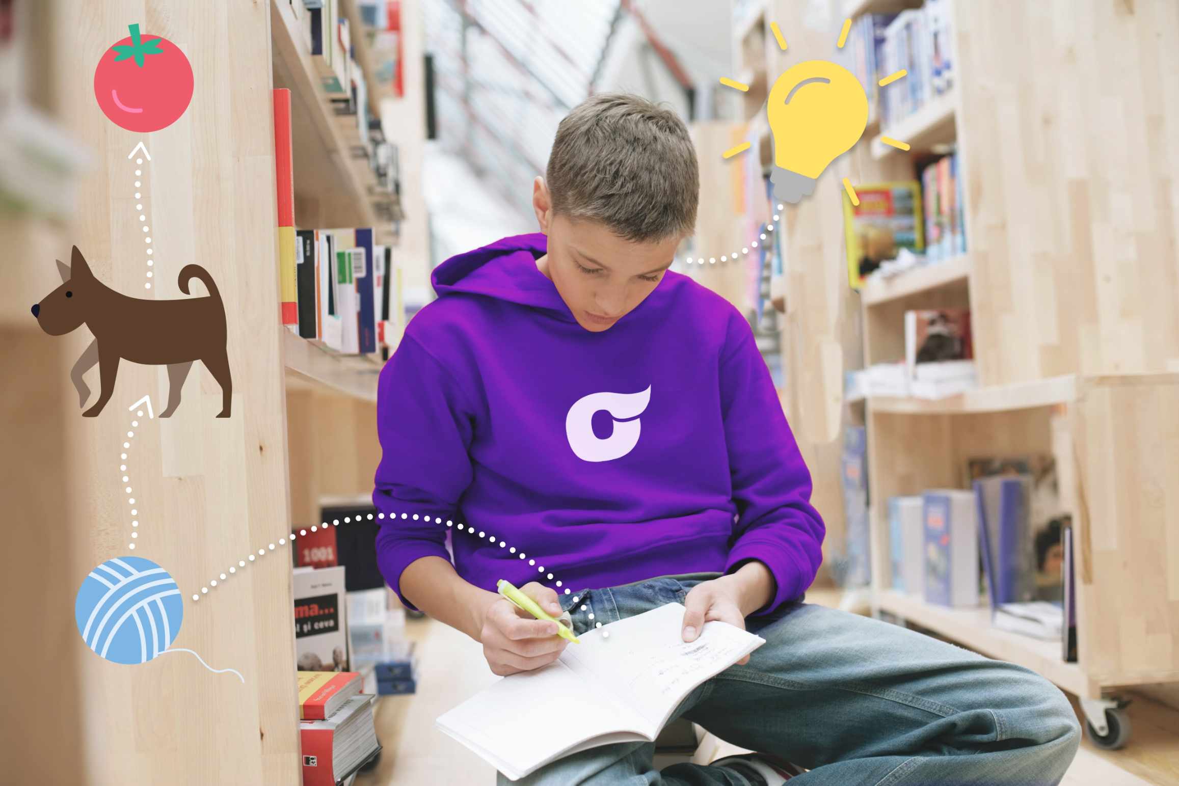 Méthodes d'apprentissage du vocabulaire : un jeune garçon assis dans une bibliothèque apprend des mots