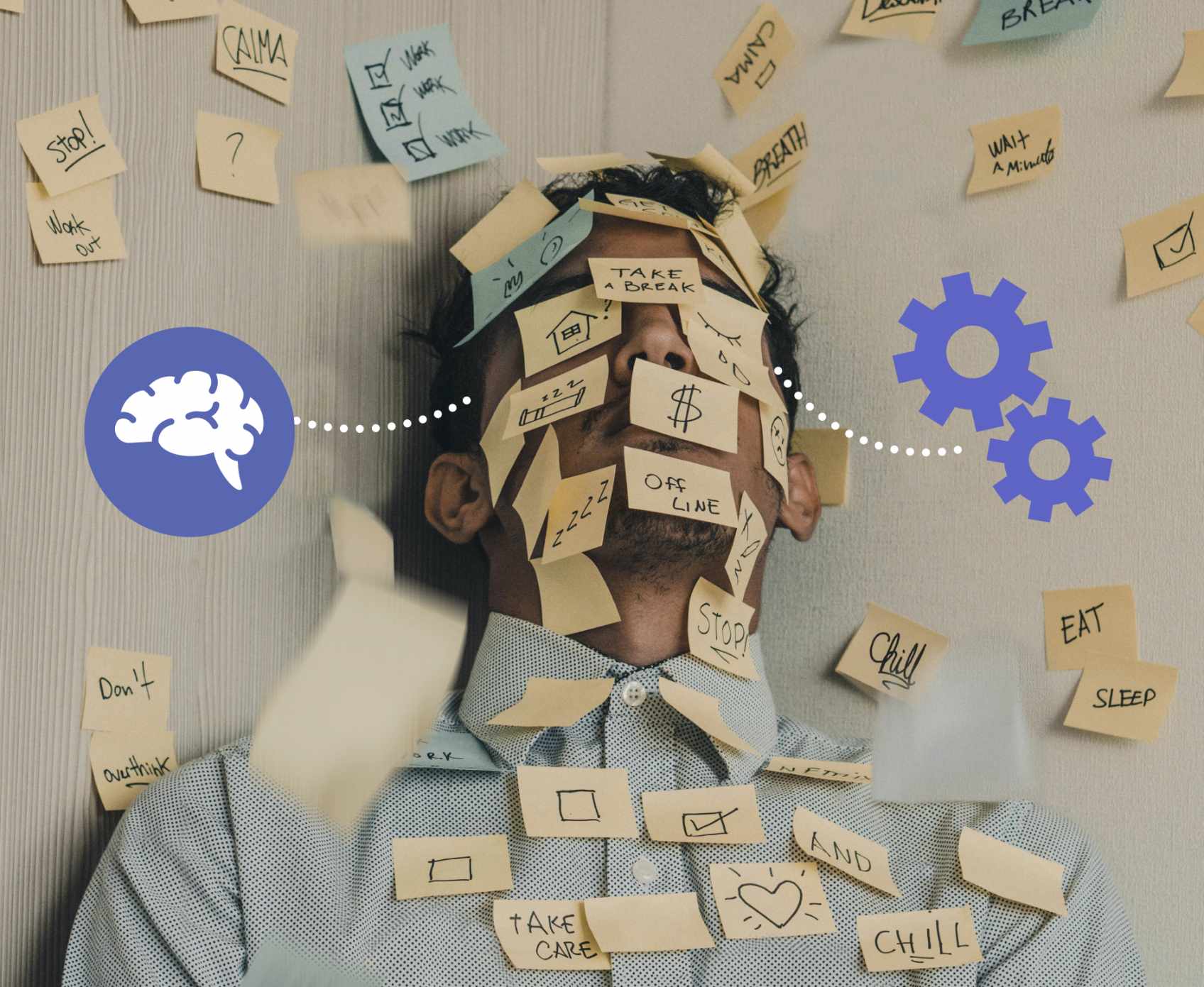 Ragazzo sotto stress ricoperto di post-it